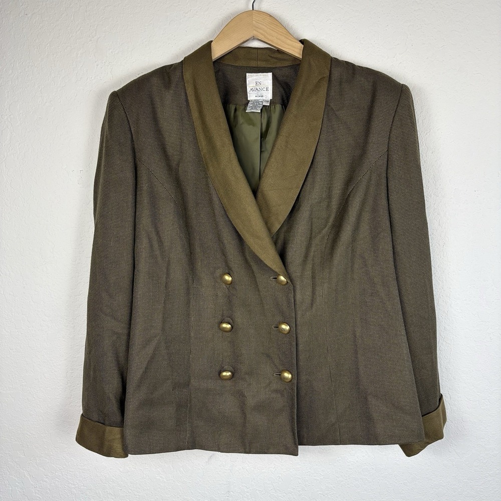 Vtg EnAvance 22w Blazer Jacket Military Double Breasted Green Preppy Gold Button